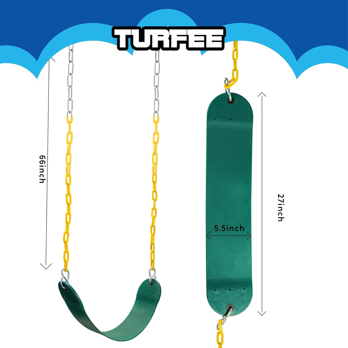 TURFEE Heavy Duty Swing Seat - Green Replacement with 66” Chain & Snap Hooks for Kids Outdoor Play