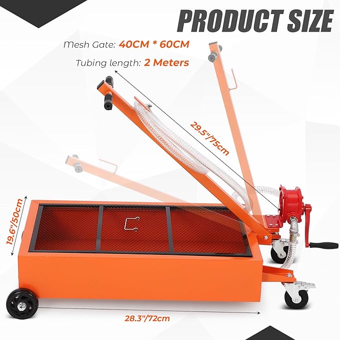 20 Gallon Oil Drain Pan with Manual Pump, Low Profile Oil Drain Pan for Oil Change, Oil Change Pan with 8.2 Ft Hose and Folding Handle, Rolling Oil Drain Cart for Car, SUV, Trucks