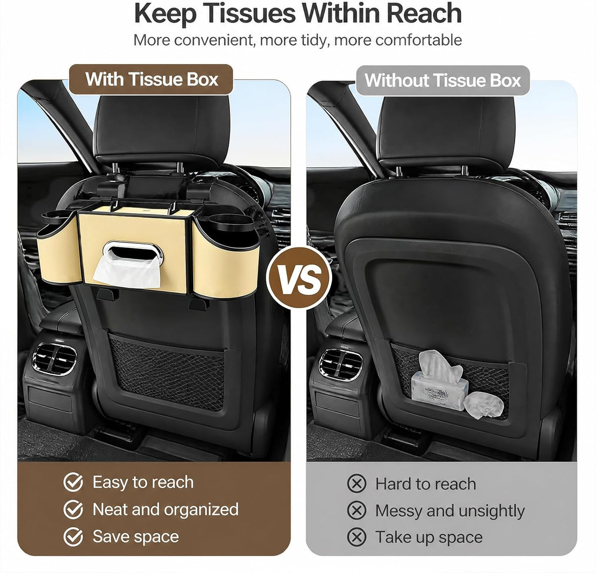 Back Seat Car Organizer, 2 Cup Holders, Tissue Holder, Phone Stand & Hooks