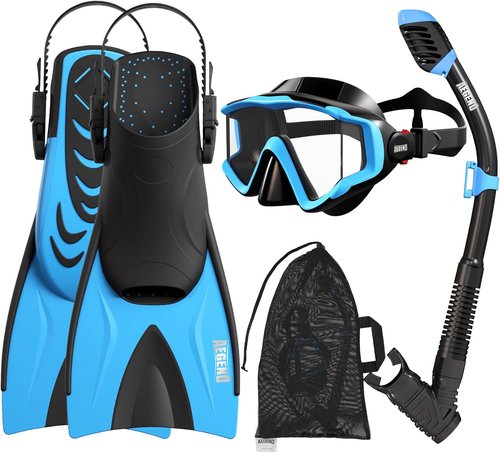 Aegend Snorkeling Gear for Kids - Anti-Fog Diving Mask, Adjustable Fins & Dry Snorkel Kit