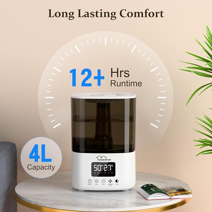 Smart Humidifiers for Bedroom, Top Fill 4L Cool Mist Air Humidifier for Large Room, Essential Oil Diffuser App Control, Fast Symptom Relief, Nightlight, 12H Quiet Runtime for Baby, Plant