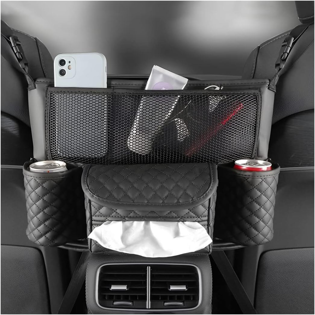XINLIYA Car Handbag Holder Between Seats, PU Leather Multi-Pocket Large Capacity Purse Holder, Auto Net Bag Barrier of Backseat Pet Kids, Car Seat Organizers and Storage for Cargo Tissue Cup（Brown）