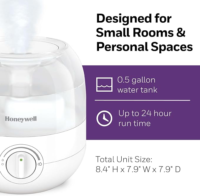 Honeywell Mini Cool Mist humidifier, Easy to Fill and Clean, humidifier for small Bedroom, Kids Rooms, or office. Ultra Quiet Operation and Auto Shut-Off - White, HUL525W