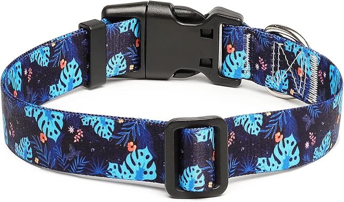 Mercano Adjustable Dog Collar - Special Design Patterns, Soft Nylon Comfortable Durable Pet Collar for Small Medium Large Dogs (S, Monstera)