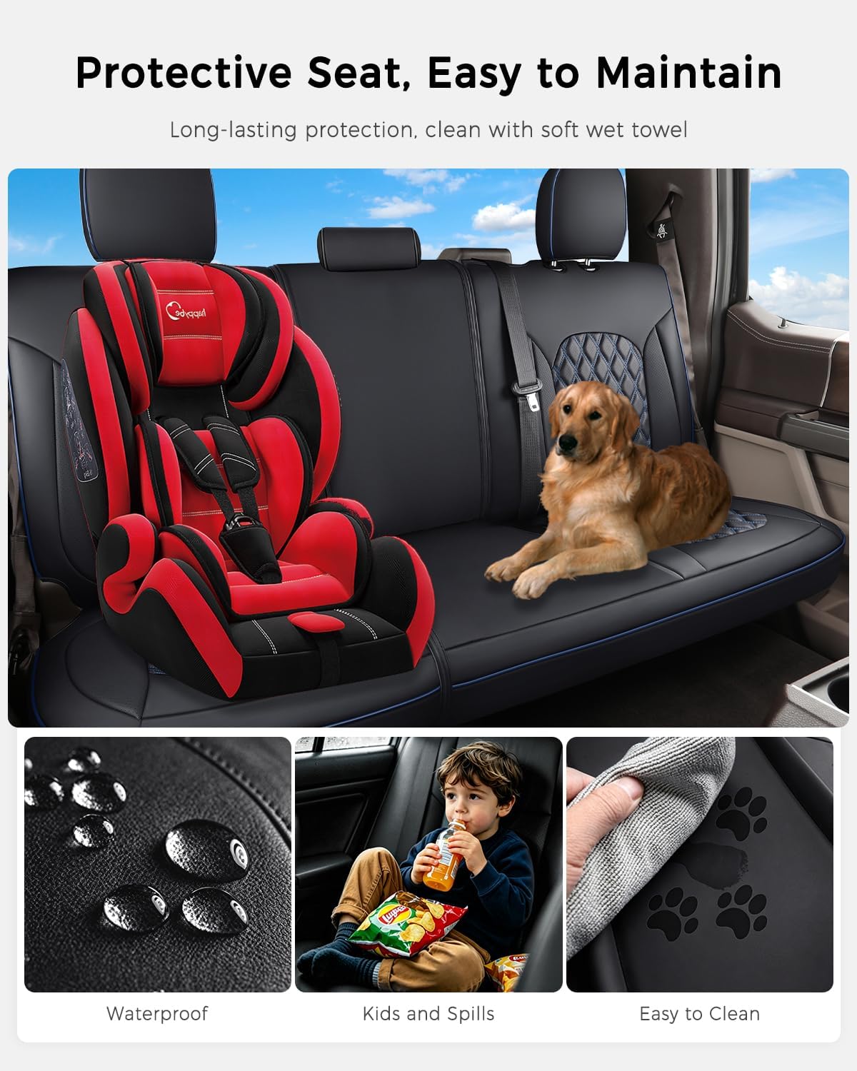 Huidasource Tacoma Rear Seat Covers, Automotive Leather Car Back Seat Cover Fit for 3rd Gen Toyota Tacoma 2016-2023 Double & Crew Cab SR SR5 Limited TRD Sport/Pro/Off Road (Back Row/Black&Blue)