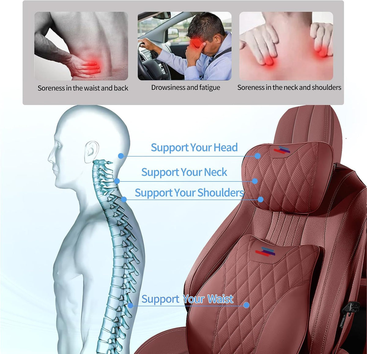 Anti-Stain Nappa Leather Car Neck Pillow with Lumbar Support for BMW