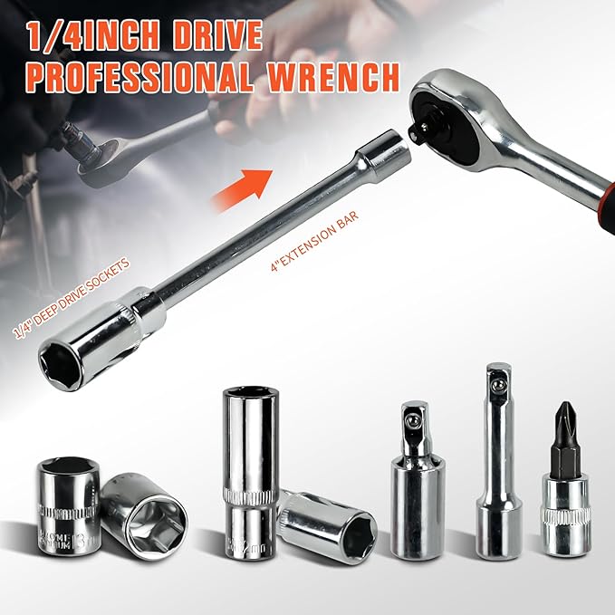 53 Pieces Socket Wrench Set Drive Socket Set with 1/4 Inch Ratcheting Wrench Plastic Toolbox Storage Case for Automotive Repair And Home Use