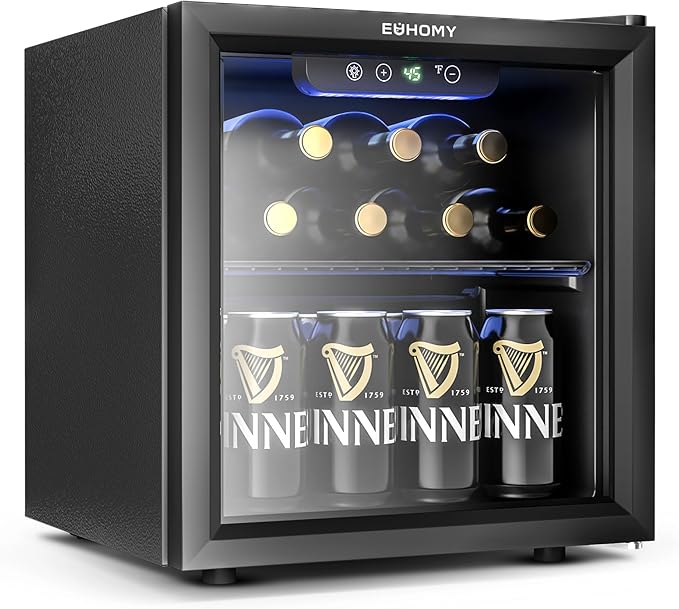 EUHOMY 12 Bottle 48 Can Mini Fridge Cooler, 1.3 Cu.Ft Beverage Refrigerator Glass Door for Beer Soda Wines,Small Refrigerator with Adjustable Shelves and LED Light for Office, Home, Dorm, Bar