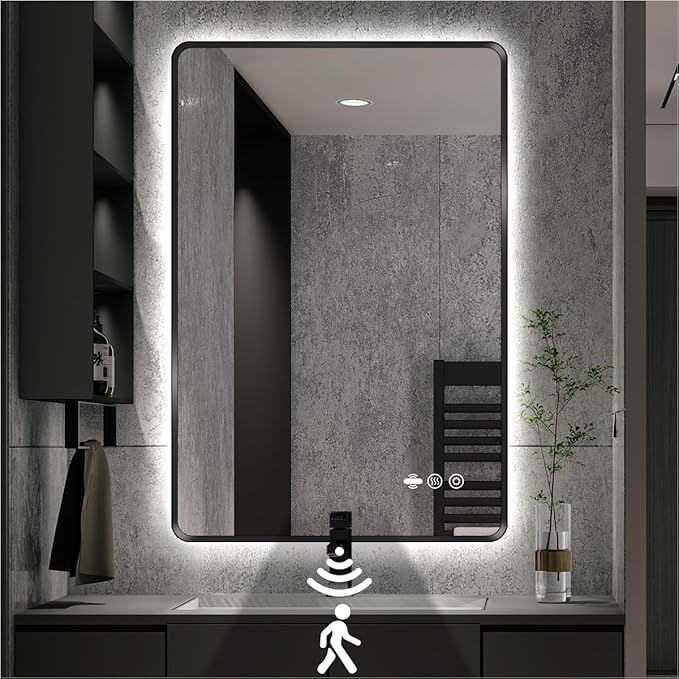 30 x 36 Black LED Bathroom Mirror, Metal Framed Rounded Corner Rectangle Backlit Mirror Bathroom, Anti-Fog, 3-Color Stepless Dimmable Lighted Mirror, Motion Sensor Lights, Memory Function