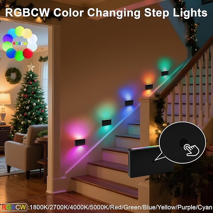 Wall Lights for Stairway Indoor Outdoor, 100V-277V Wired LED Recessed Stair Lights for Outlet Box, 2.5W Dimmable RGB Color Changing Lights for Christmas Halloween, IP65, ETL, Black, 6Pack