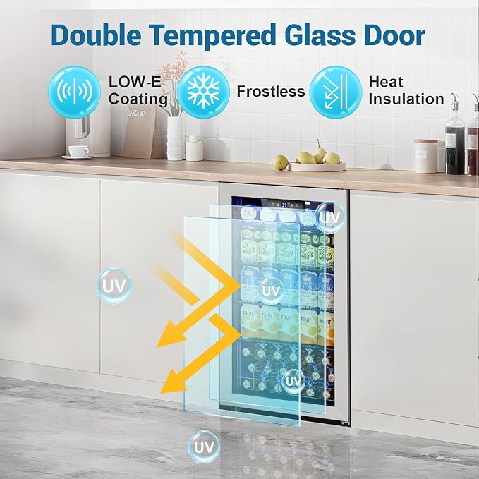 Velivi Mini Beverage Refrigerator 3.2 Cu. Ft Small Fridge 126 Can Lockable Drink Cooler with Glass Door, Safety Lock, For Beer Soda, Silver | Small Fridge 126 Can Lockable Drink Cooler with Glass Door, For Beer Soda, Silver