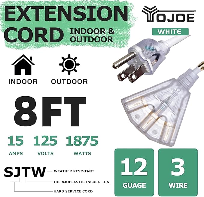 YOJOE 3-Outlets Indoor Outdoor Extension Cord with Lighted End, 3 Prong 15A Weatherproof Power Cord, 12 Gauge Heavy Duty 8 ft White Extension Cord Multiple Outlets, 12/3 SJTW UL Listed