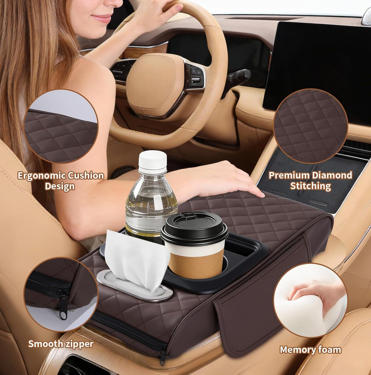 5-in-1 Car Armrest Cushion with Storage, Memory Foam Center Console Organizer W/Cup Holders, Tissue Holder & Phone Slot, Leather Car Armrest Cover Pad, Universal for Cars SUVs Trucks, Brown