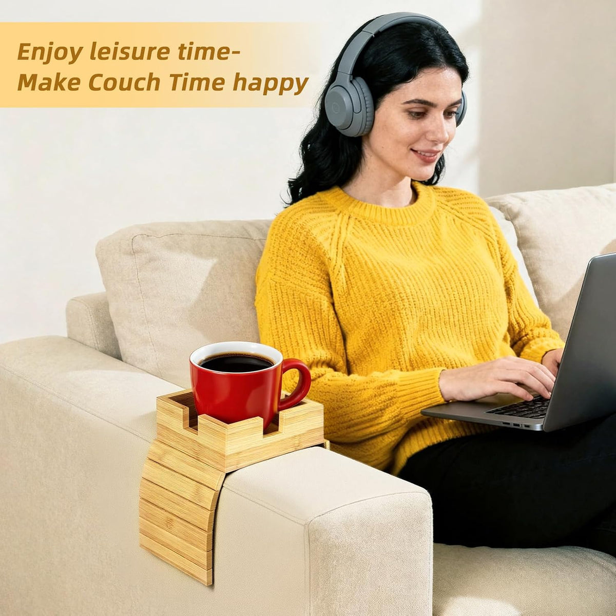 Bamboo Couch Cup Holder – Non-Slip Armrest Tray for Recliner & Loveseat – Large Caddy for Drinks, Cell Phone, and TV Remote(Large)