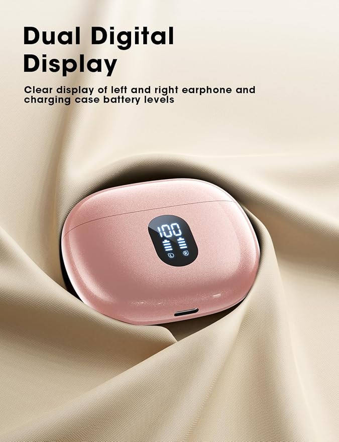 Wireless Earbuds, Hi-Fi Deep Bass Ear Buds, 48H Playtime In-Ear Headphones | 2 Mics for Clear Calls, LED Display, IPX7 Waterproof, Touch Control, Lightweight Bluetooth Earphones for iPhone/TV,RoseGold