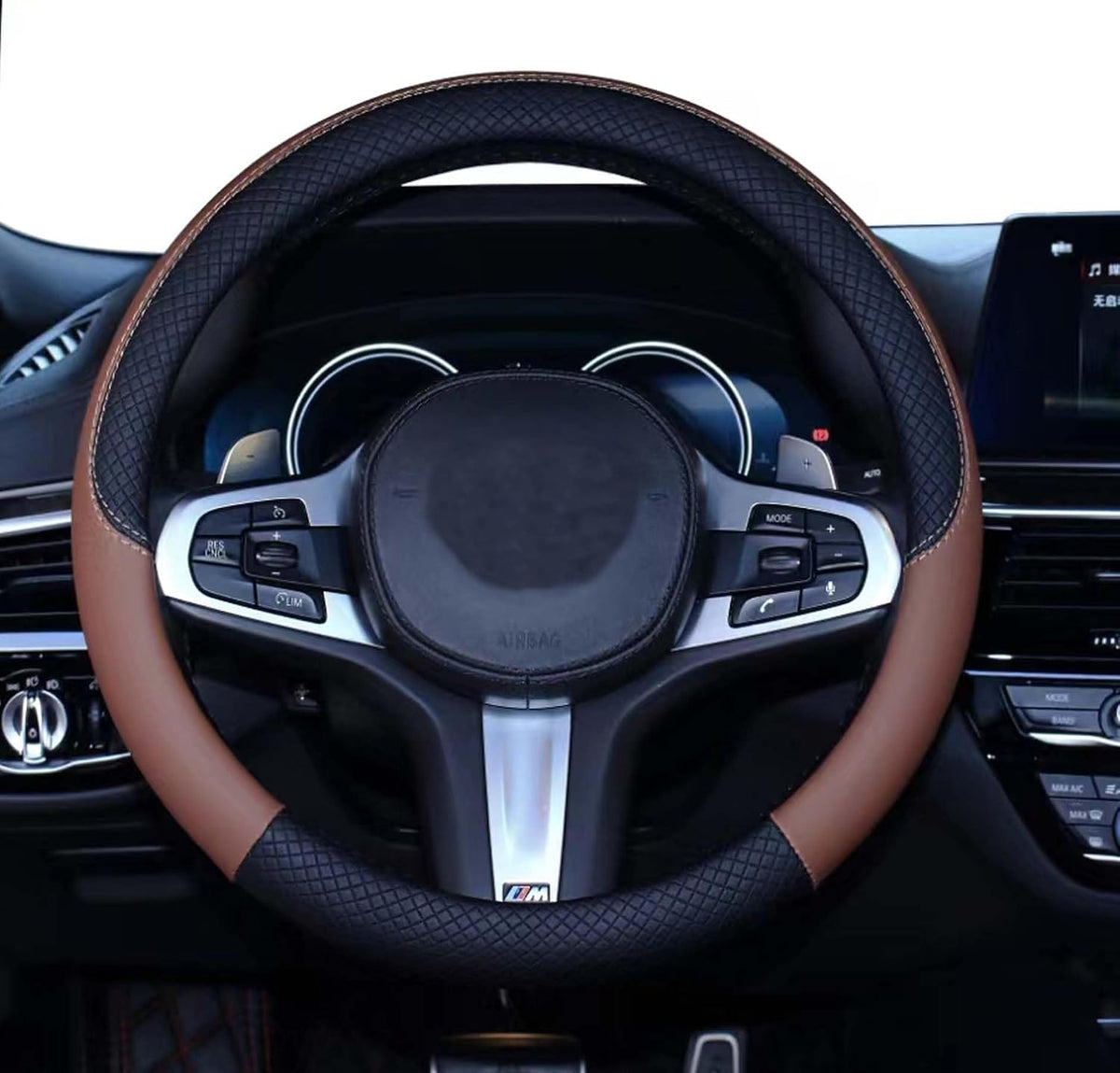 SHIAWASENA Car Steering Wheel Cover, Leather, Universal 15 Inch Fit, Anti-Slip & Odor-Free (Black&Brown)