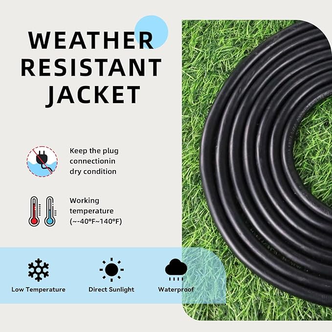 EP 12/3 8 FT Indoor Outdoor Black Extension Cord Waterproof, 12 Gauge 3 Prong Power Cord Flexible Resistant Appliance Extension Cable Electric Cable Outside, 15A 1875W 12AWG SJTW, ETL Listed