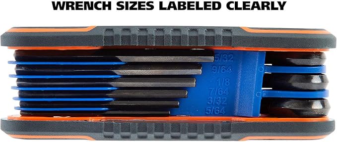 GreatNeck 74208 9 Piece Folding SAE Hex Key Set, Allen Key Set, Labeled Wrench Sizes, Easily Adjustable Fasteners, Color-Coded Body for Easy Identification