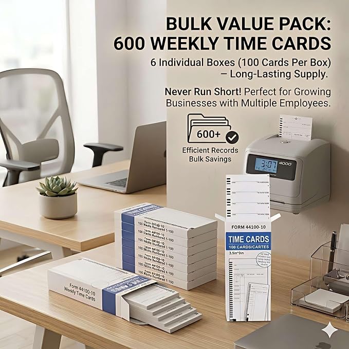 44100-10 Employee Time Cards, 6 Boxes of 100, Includes 1 Compatible 5000R Ribbon