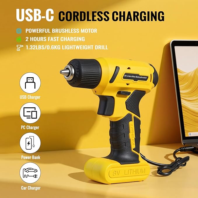 TLGREEN 101 Pcs 8V Cordless Drill and Tool Set,USB-C Rechargeable Power Tool Kit with Brushless Motor & Fast Charge,Lightweight Home Tool Kit for DIY,Repair,and Maintenance with Storage Case（Yellow)