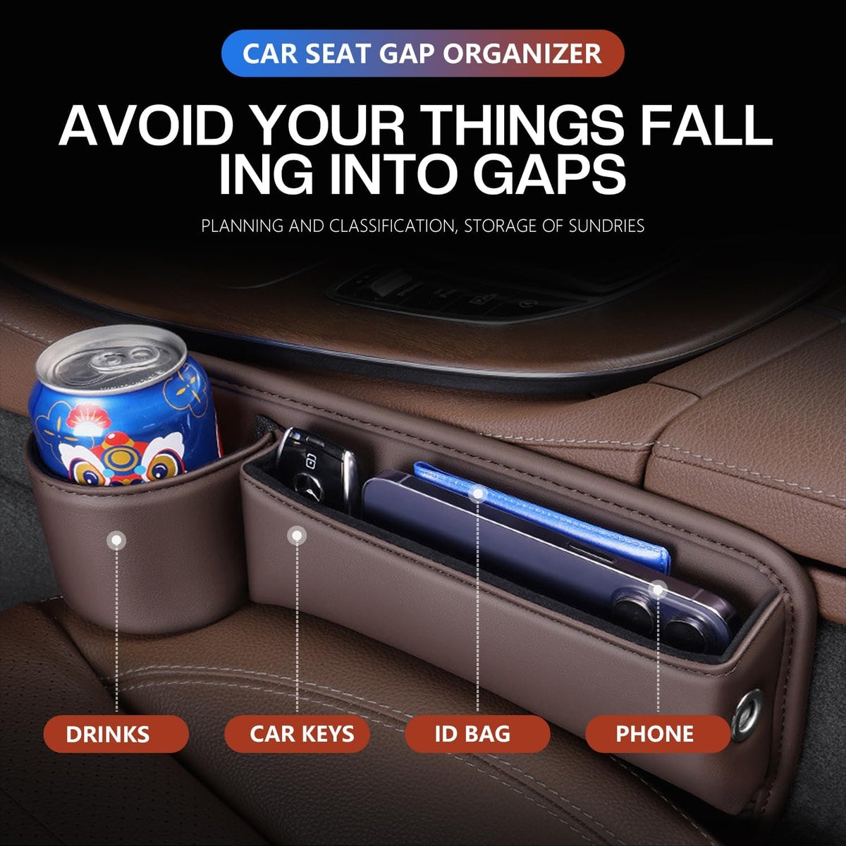 Car Leather Cup Holder Gap Bag, Car Seat Gap Filler Organizer with Water Cup Holder and Phone Charging Hole (White, A Pair)
