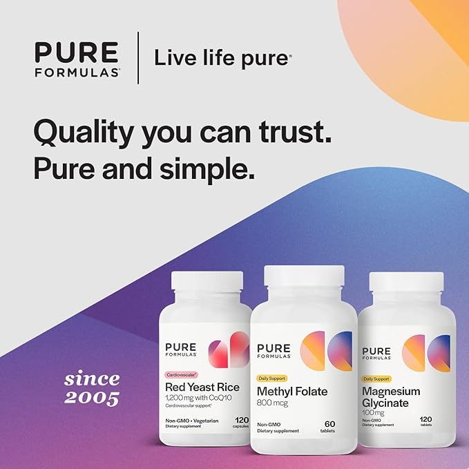 PureFormulas Methylfolate 800 mcg, Active B-9 Folate for Cardiovascular & Nerve Health, 5-mthf, Methyl Folate Supplement, Methylated Vitamins, Methylfolate Supplement for Women & Men 60 Tablets