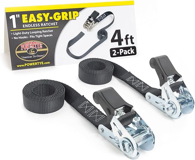PowerTye - Endless Ratchet Strap - 1in x 4ft Easy Grip (Hookless), Tie Down Strap w/ 400 lb. Working Load Limit / 1,200 lb. Break Strength, Ideal for Motorcycle, ATV, Bike, & Coolers, Black 2-Pack