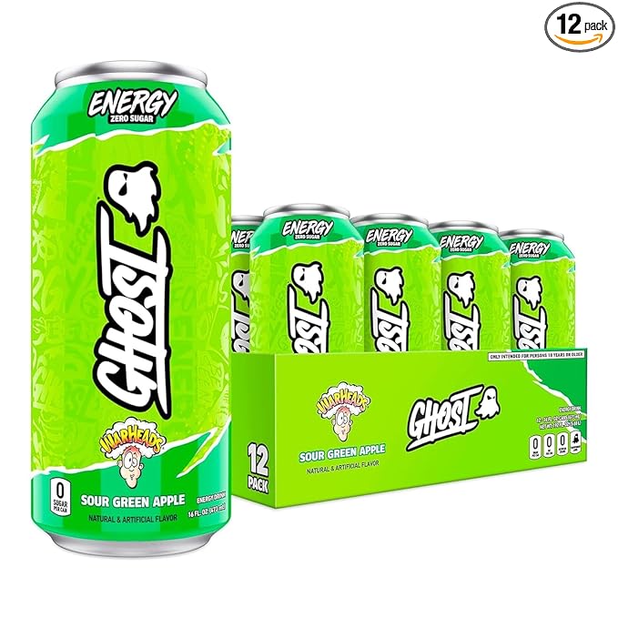 GHOST Energy Drink - 12-Pack, Warheads Sour Green Apple, 16oz - Energy & Focus & No Artificial Colors - 200mg of Natural Caffeine, L-Carnitine & Taurine - Gluten-Free & Vegan