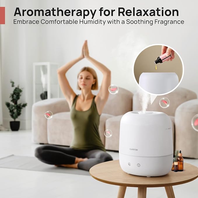 Clarston 2L Cool Mist Humidifier for Bedroom with 360° Adjustable Nozzle, High and Low Mist Levels, Ultra-Low Noise, Light-Off, No BPA, Auto Shut Off, Ideal Baby Humidifier with Easy Top Filling