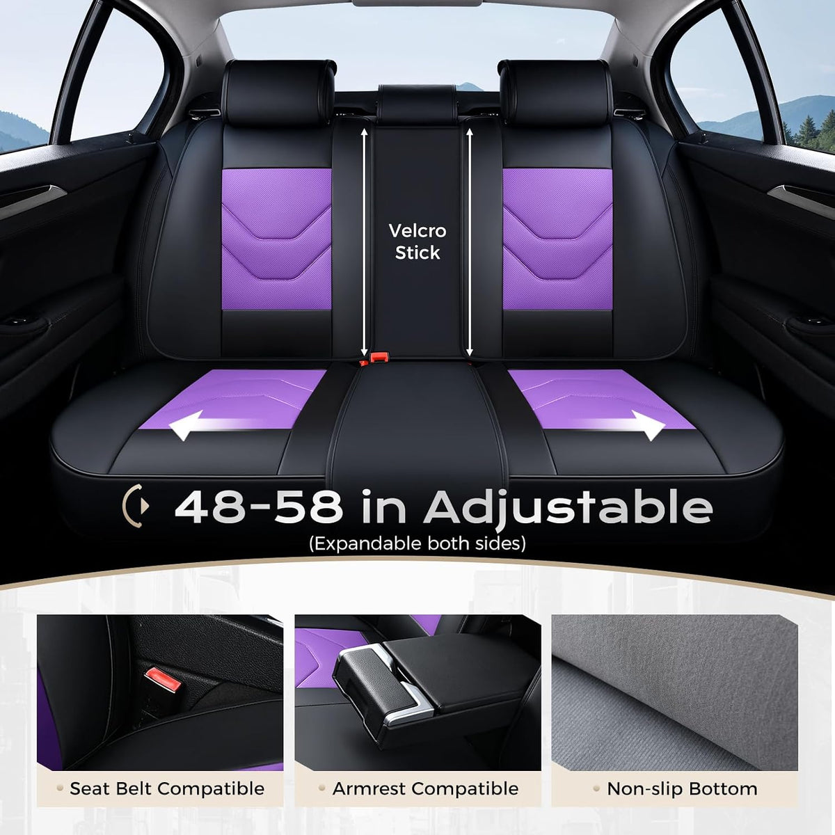 Coverado Car Seat Covers Full Set, Luxury Leather Seat Covers for Front and Back Seat, Black&Purple Seat Cover for Car, Waterproof Car Seat Protector, Car Seat Cushion Universal Fit for Most Cars