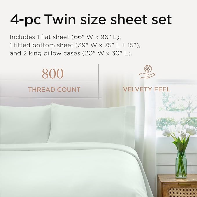 Threadmill Sheets for Twin Mattress | 800 Thread Count Twin Bed Sheets Set with 15” Deep Pocket | Sateen Weave, Better Than Egyptian Cotton, 3-Piece Bedding Set with Cooling Effect | Seaglass