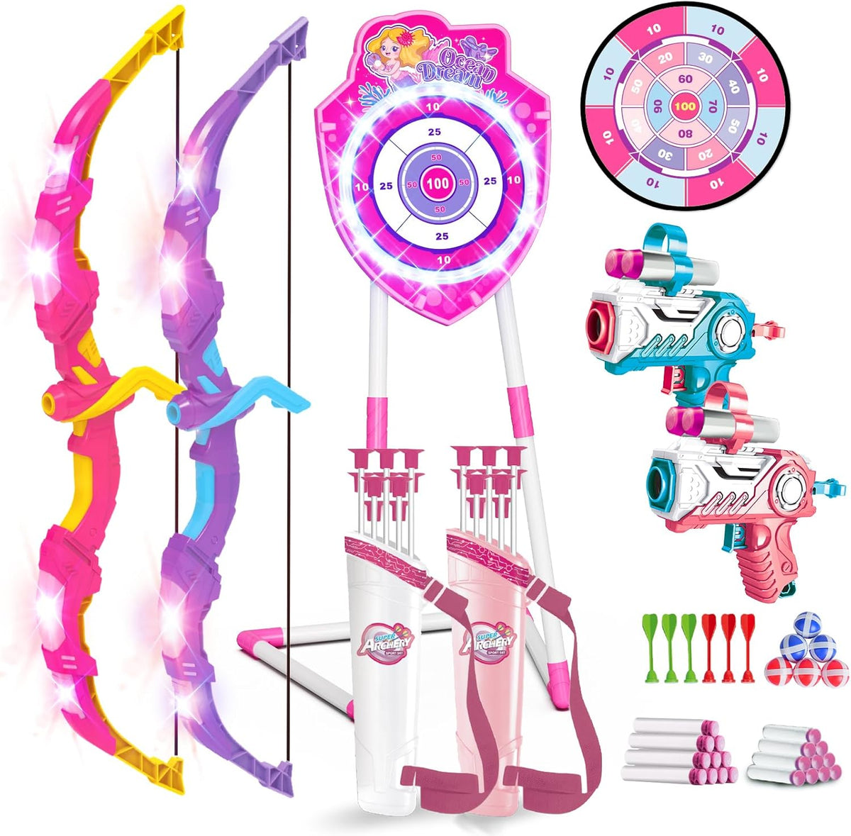 VATOS Bow and Arrow Toy Set - 4-in-1 Archery & Dart Game with LED Light, 20 Suction Cup Arrows & Mermaid Target | Indoor/Outdoor Gift for Kids Ages 5-12