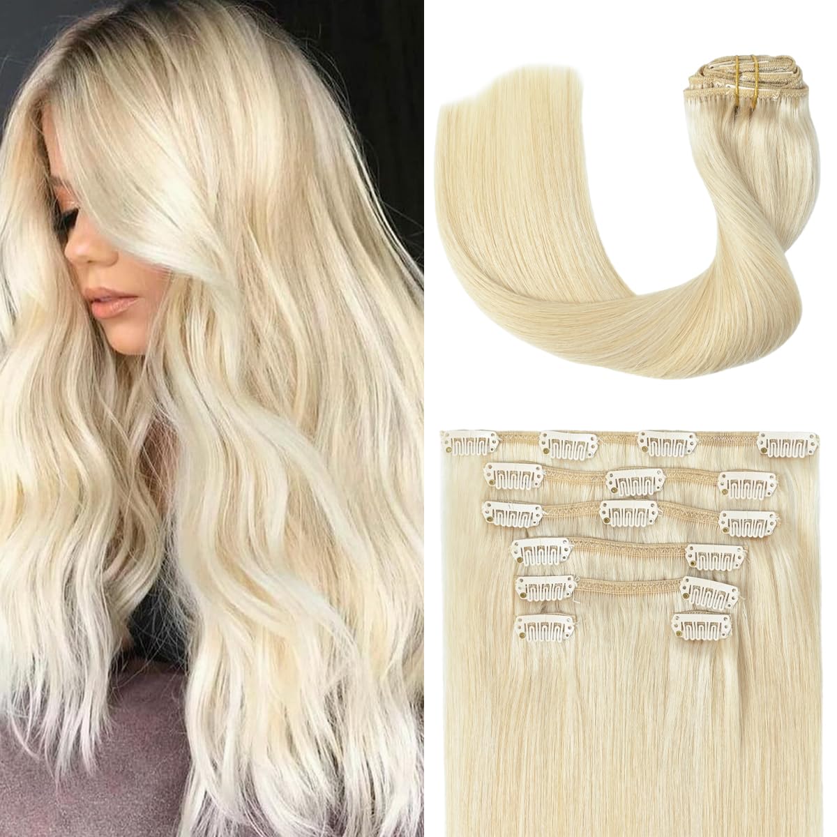 Ugotrays Clip In Hair Extensions Real Human Hair Blonde - 18 Inch 70G 7Pcs Platinum Blonde 100% Remy Human Hair Clip In Extensio