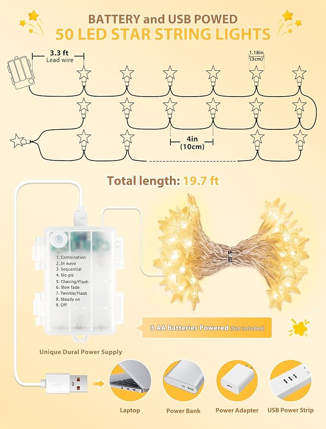 Star String Lights Battery&USB Powered,16.4FT 50LED Star Fairy Lights with Remote, Hanging Star Lights for Home, Kids Tent, Bedroom,Porch, Classroom, Christmas,Party,Room Decor,Warm White