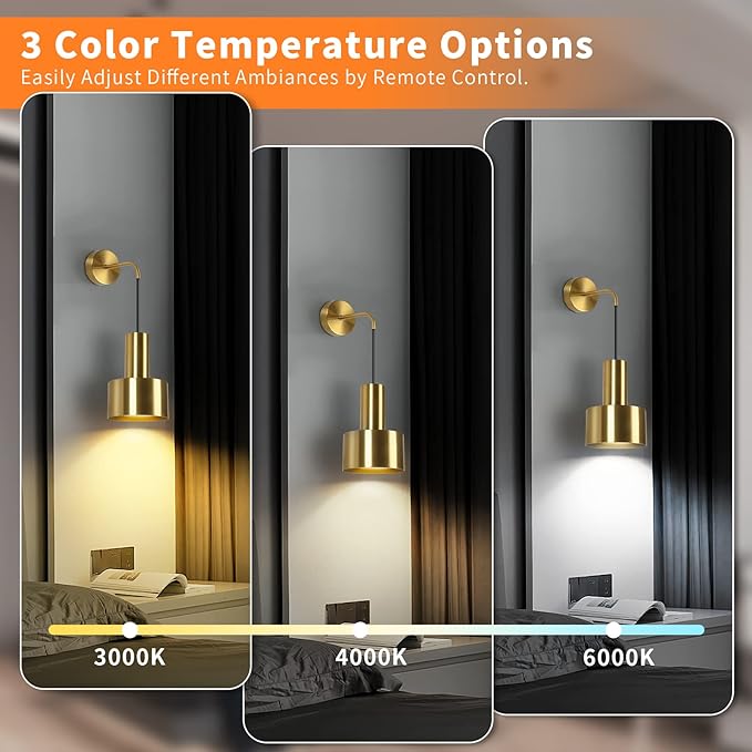 Gold Battery Operated Wall Sconce, Wireless Wall Lights Set of 2, Dimmable Wall lamp with Remote Control, 3000K-6000K Adjustable Modern Luxury LED Light Fixtures for Kitchen Bedroom Living Room Stairs