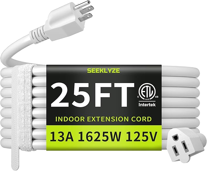 16/3 White 25 FT Extension Cord, Indoor Extension Cord for Laptops, Coffee Makers, Office Home Appliances, 3 Prong Resistant Cable Flexible, 13A 125V 1625W ETL Listed