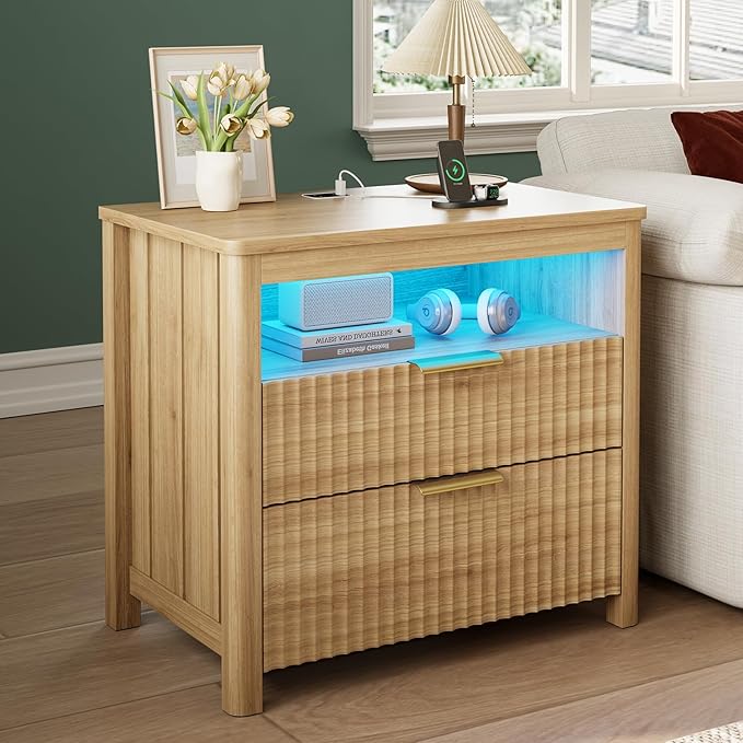 HNEBC Nightstand Set of 2 with Gun Drawer, Nightstands with Hidden Compartment, Larger Wider Bedside Table with Charging Station for Bedroom Dorm, Sofa, Office,Ideal Furniture & Decor-Natural