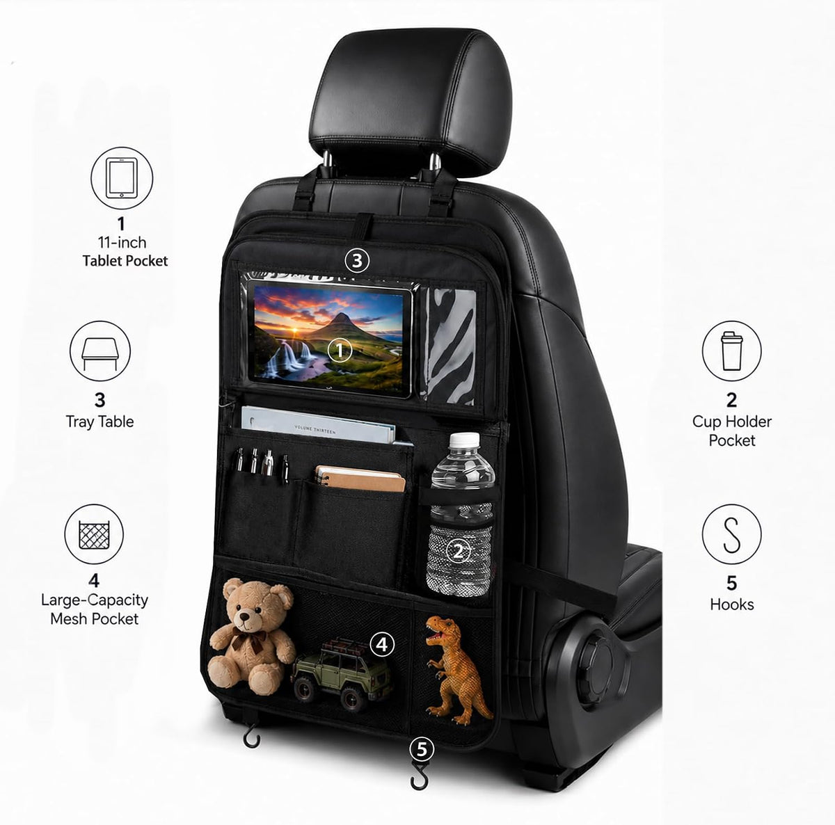 Backseat Car Organizer with Tray Table,Dual 11" Tablet Holder-1 Pack