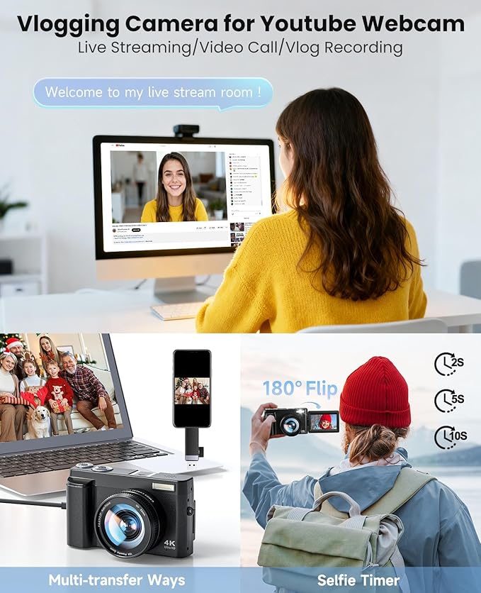 4K Digital Camera for Photography, WiFi Autofocus 64MP Vlogging Camera for