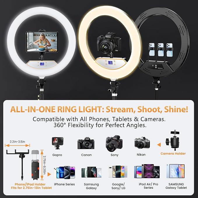 22'' Ring Light with 75'' Tripod Stand, LED Display/2 USB Ports/6500K Dimmable