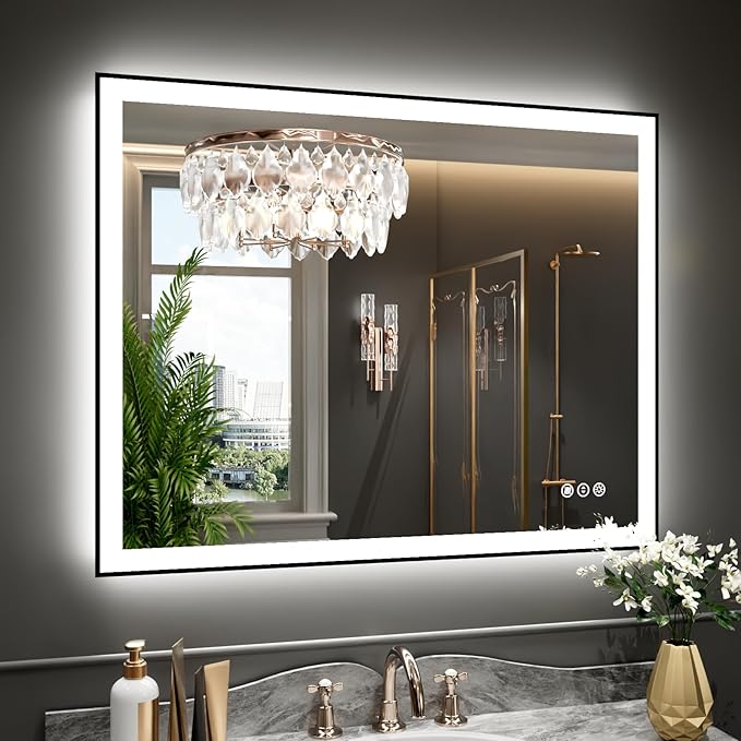 WTTY 40"X36" LED Bathroom Mirror with Black Frame, Bathroom Vanity Mirror with Lights for Wall, Front Light and Backlit, Anti-Fog, Dimmable, 3 Colors, Shatterproof, Memory, Horizontal/Vertical