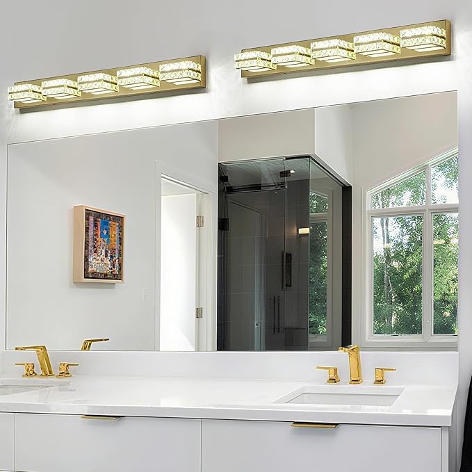 OKELI Crystal Vanity Lights LED Bathroom Vanity Light Fixture Over Mirror Modern Indoor Lamp, 6000K Cold White Dimmable, 5-Lights, 32W, ETL Listed