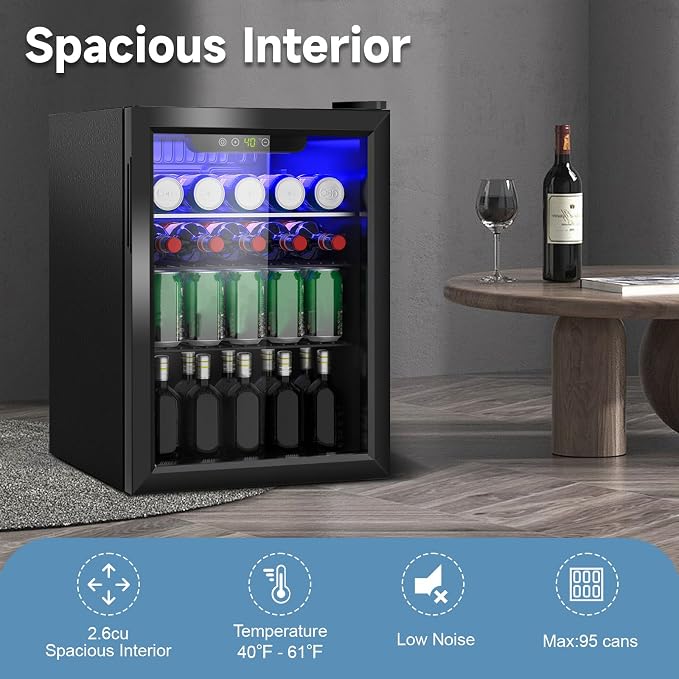 Erivess Mini Fridge 95 Can Beverage Refrigerator Cooler Glass Door for Soda | 2.6 Cu Ft Drink Fridge for Home/Bar/Office with LED Display, Digital Temperature Control, Removable Shelves for Wine, Black