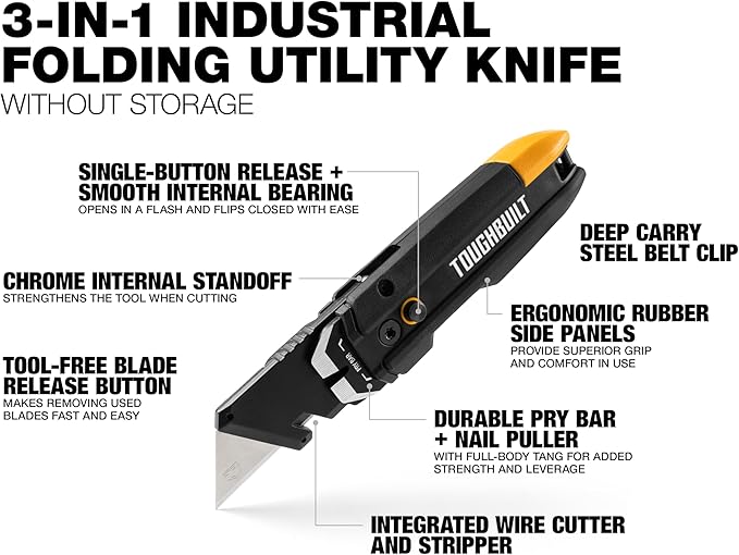 ToughBuilt – Prybar Utility Knife, Heavy-Duty Folding Utility Knife with Built-In Prybar, Scraper Edge, Wire Cutter, and Quick-Change Blade Release, All-Metal Construction (TB-H4-12-I)