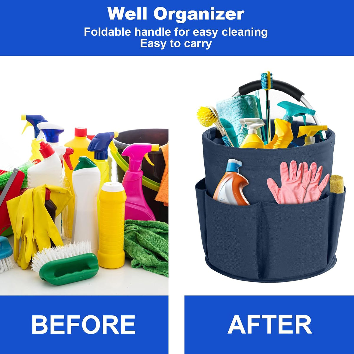 Cleaning Caddy with Handle, Cleaning Products Organiser, 17L Foldable Storage Basket, Cleaning Caddy Organiser, Portable Multi Cleaning Bucket Bag for Home, Garden (Dark Blue)