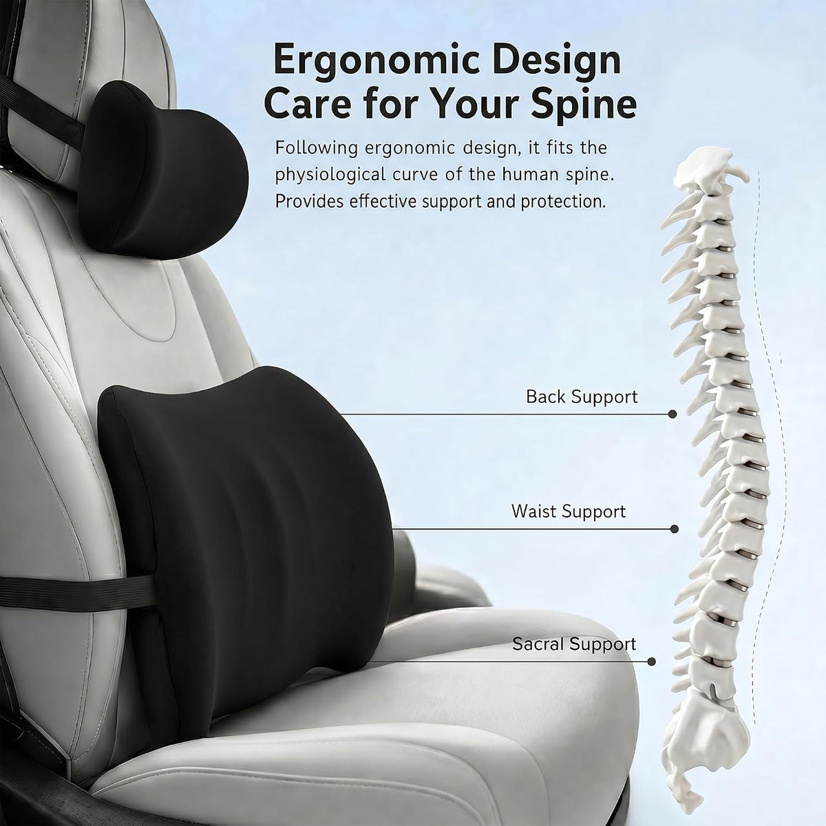 Universal Memory Foam Car Neck Pillow and Lumbar Support Pillow Set, Black