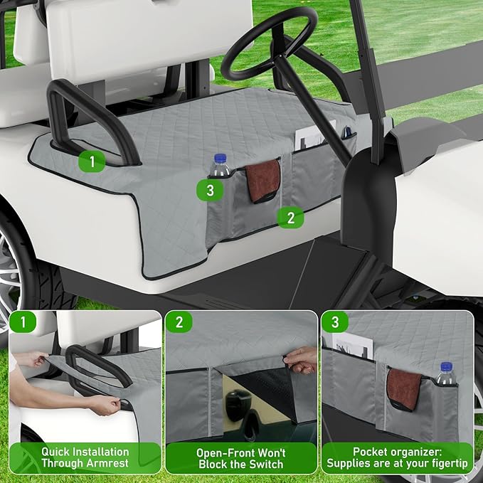 Kaskawise Golf Cart Seat Covers,Universal Golf Cart Seat Towel Blanket with 4 Front Pockets & Nonskid Bottom Fits for EZGO, Yamaha, Club Car DS Precedent and More 2 Person Seats Golf Carts (Grey)