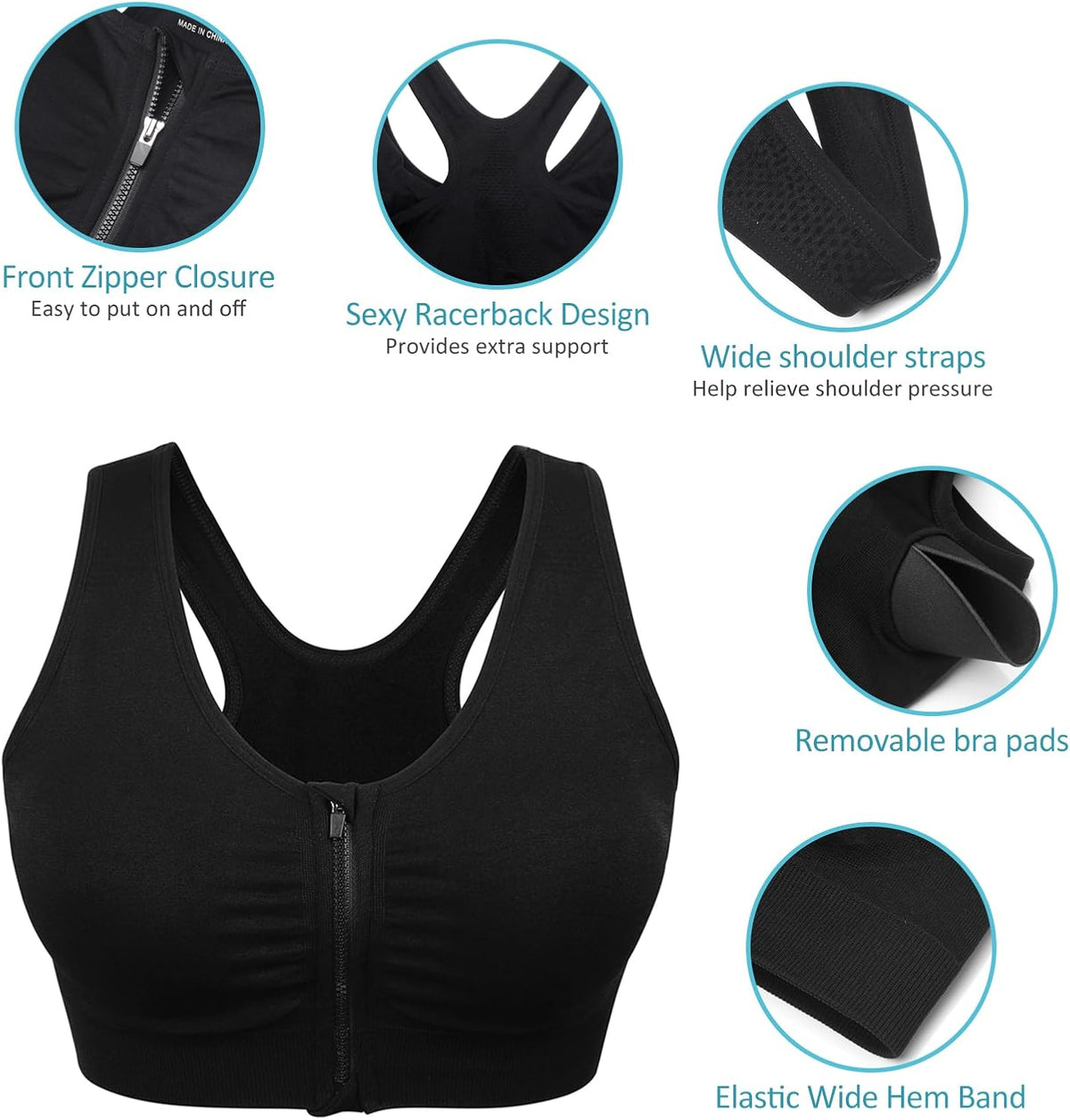 Skiennix Women's Zip Front Sports Bra - Wireless Comfort for Post-Surgery & Yoga | Activewear