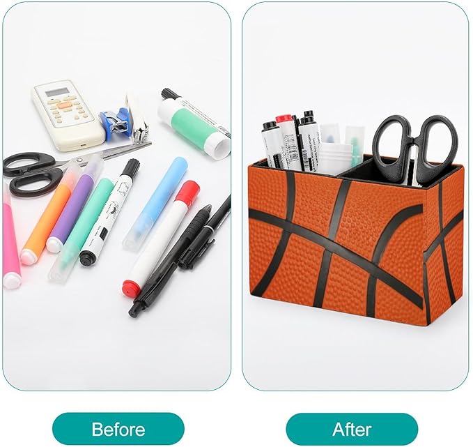 Pen Holder, Pencil Holder for Desk Organizer, Sport Ball Basketball PU Leather Pencil Cups Desktop Stationery Storage Makeup Brush Holder Pen Organizer for Office Home