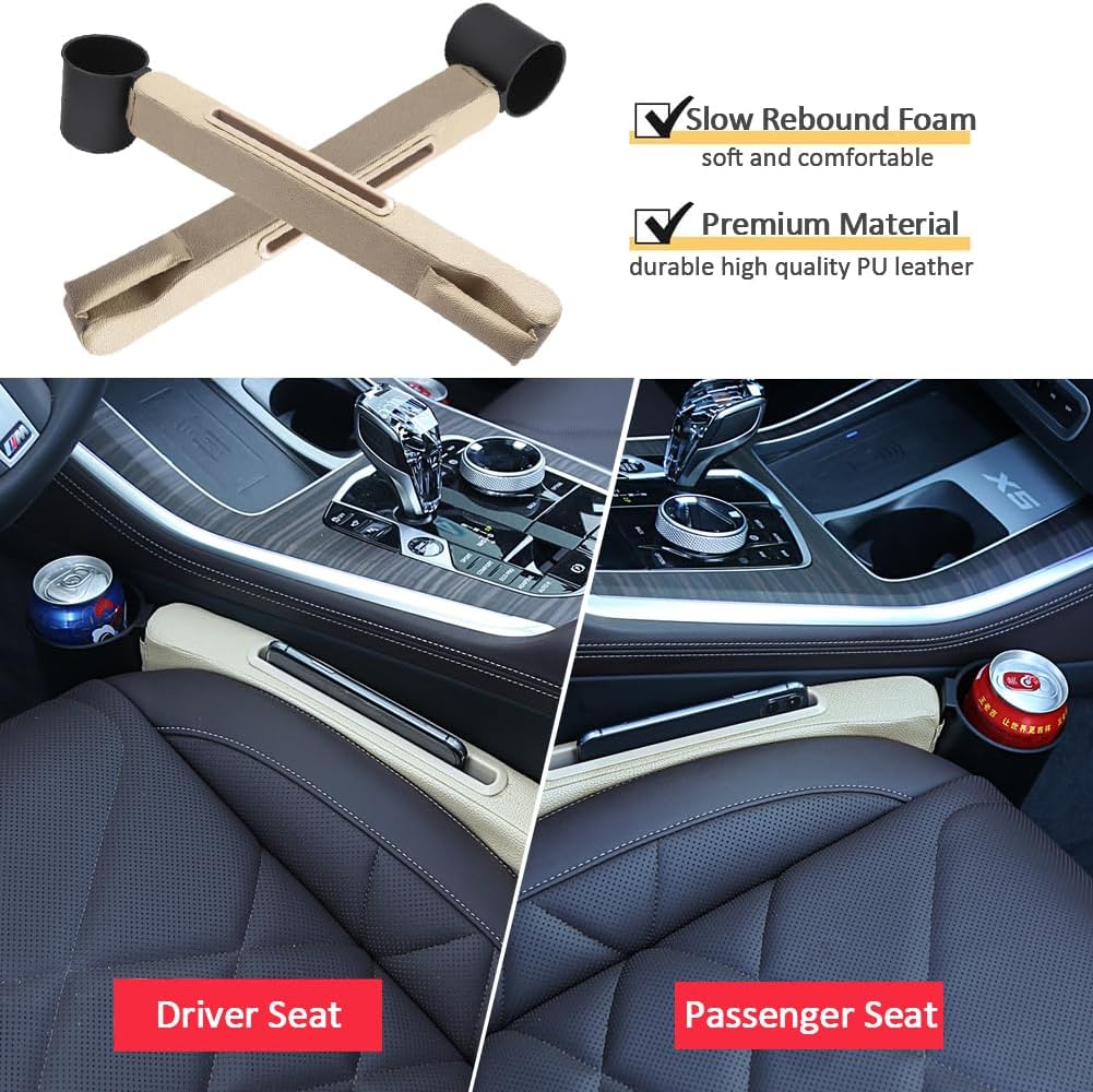 Advanced 3in1 Car Seat Gap Filler with Pocket Organizer and Removable Cupholder,Console Side Pocket Organizer,Car Seat Gap Pad for Cellphone Coin Key,Stopper and Blocker,PU Leather,2 Packs